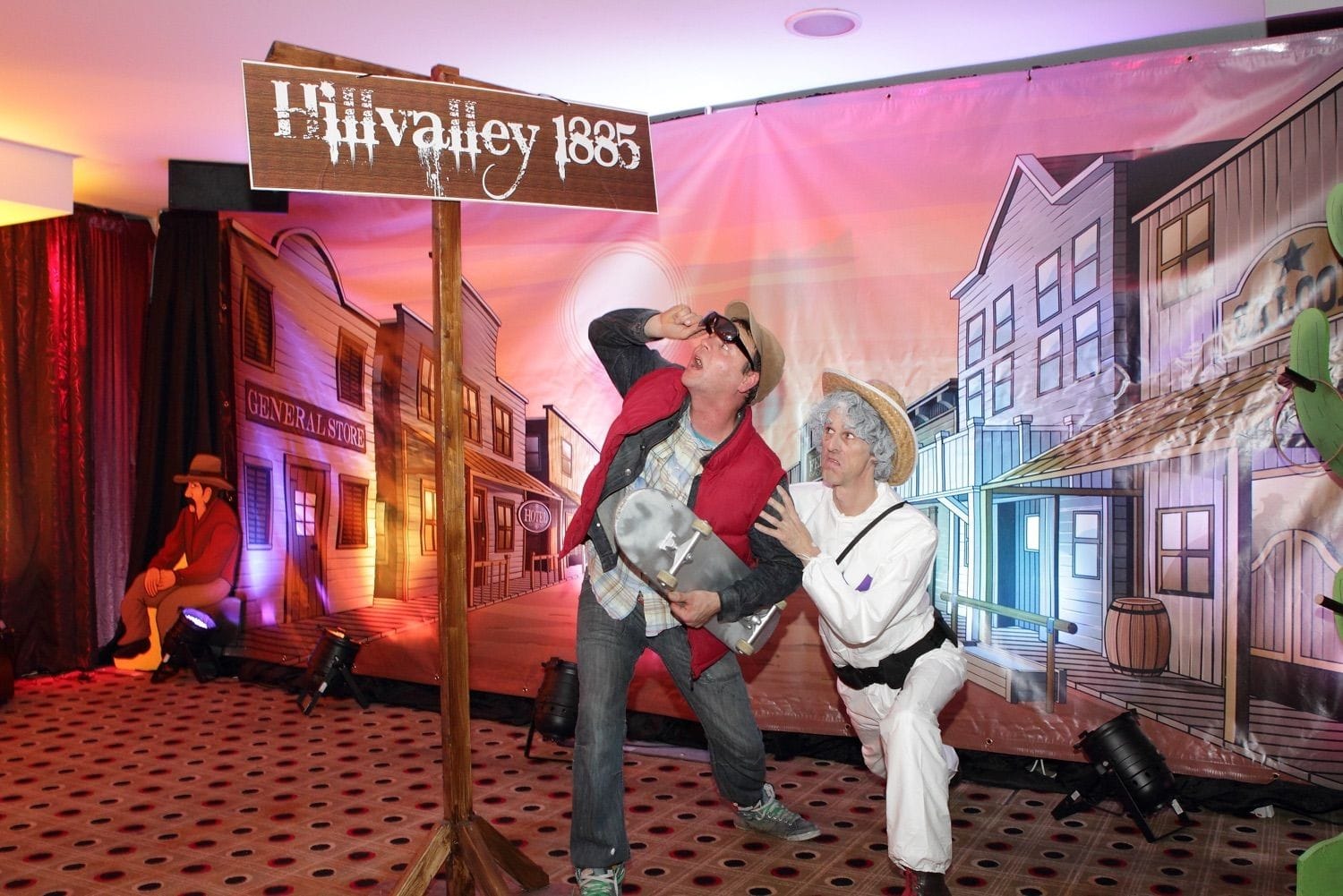 Marty McFly and Doc characters and themed decor for a Back to the Future corporate event