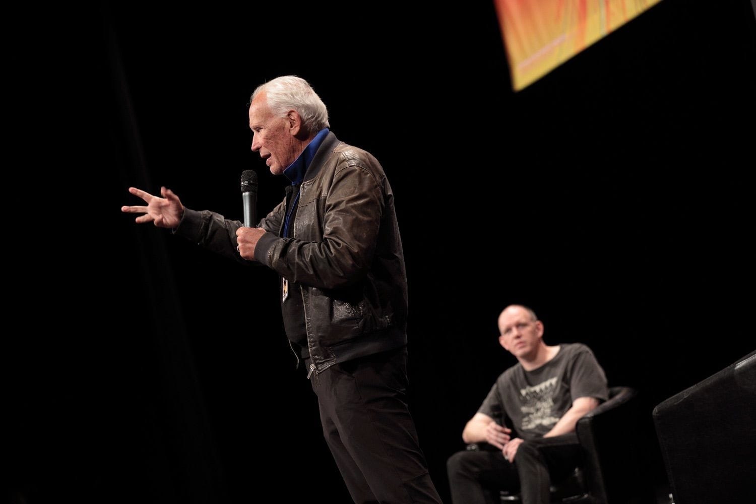 Peter Weller, the actor who plays RoboCop, addresses the audience at Comocon, held in the Dublin Convention Centre