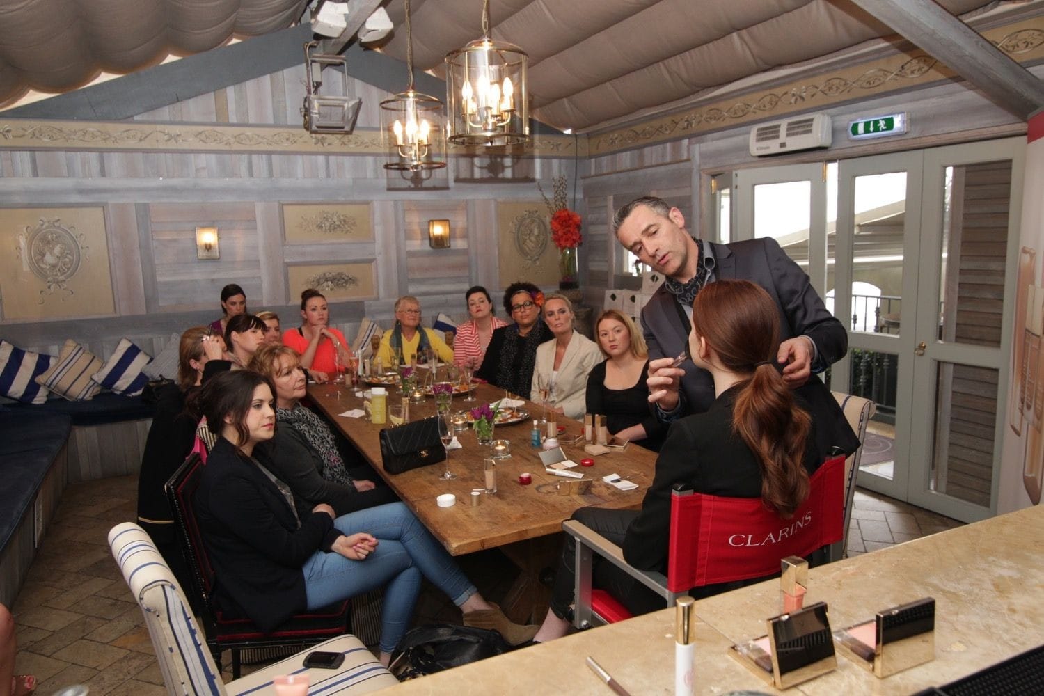 Claude Defresne shows the ladies how to use Clarins products at the Grayson Hotel, St Stephens Green, Dublin