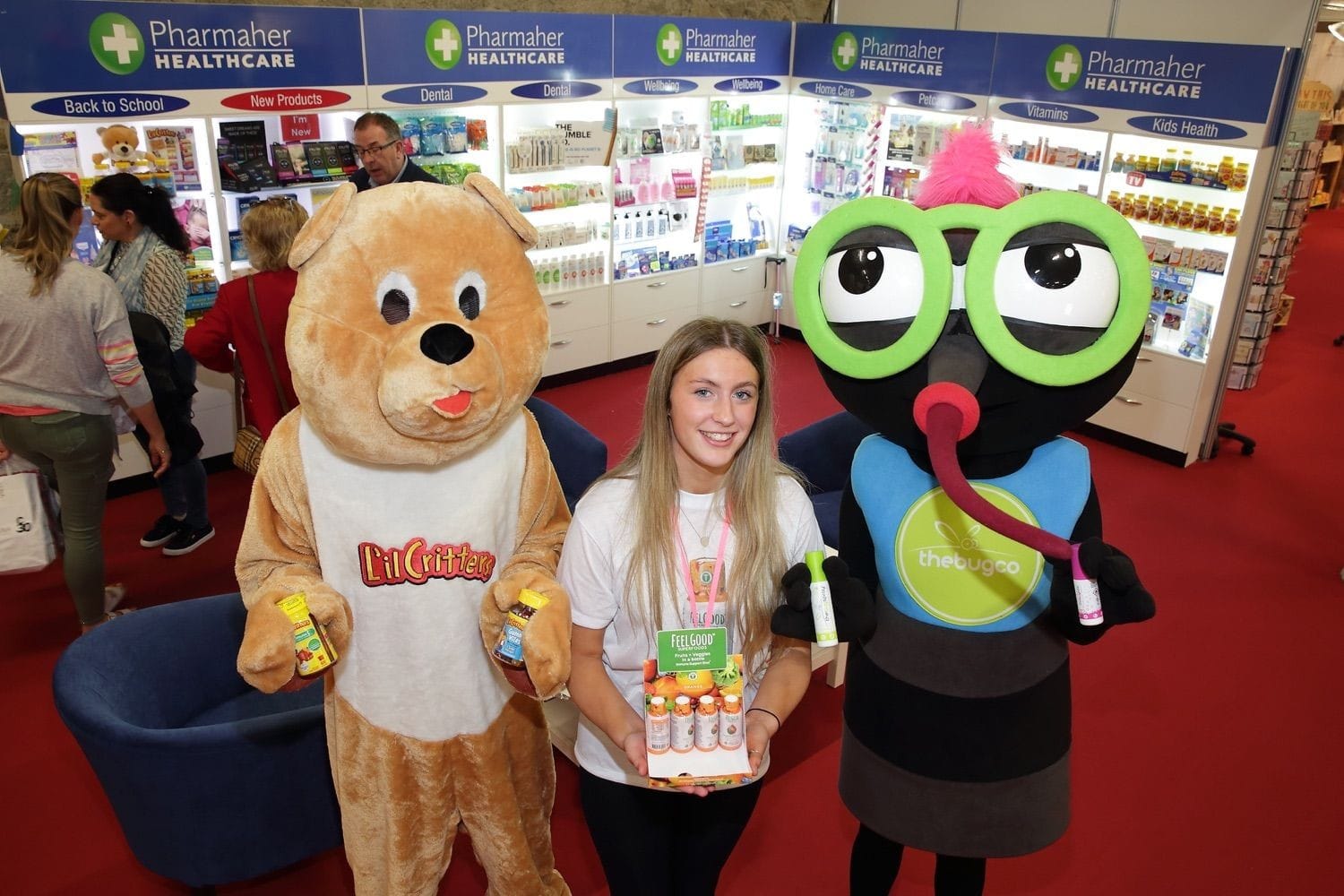 Animated characters interact with free samples at an industry trade show in the main hall in the RDS, Dublin