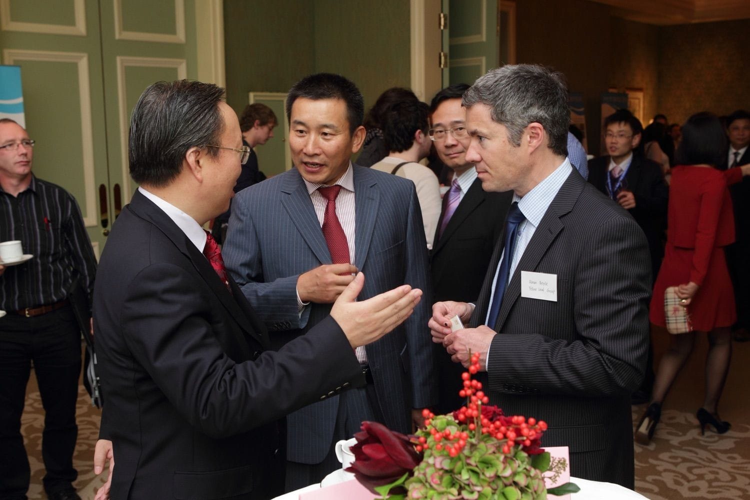 Three delegates discuss business at the software and talent exchange conference held in the Intercontinental Hotel, Ballsbridge, Dublin