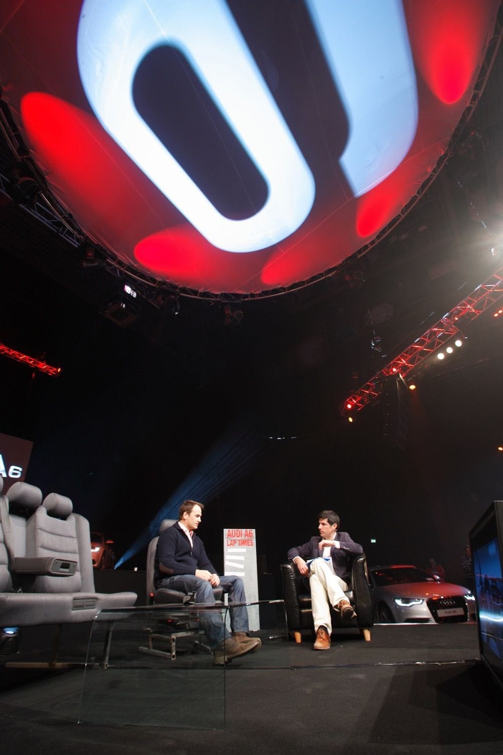 Ben Collins aka 'The Stig' chats with Craig Doyle at the launch of the Audi A6 at the Three Arena, Dublinena, Dublin