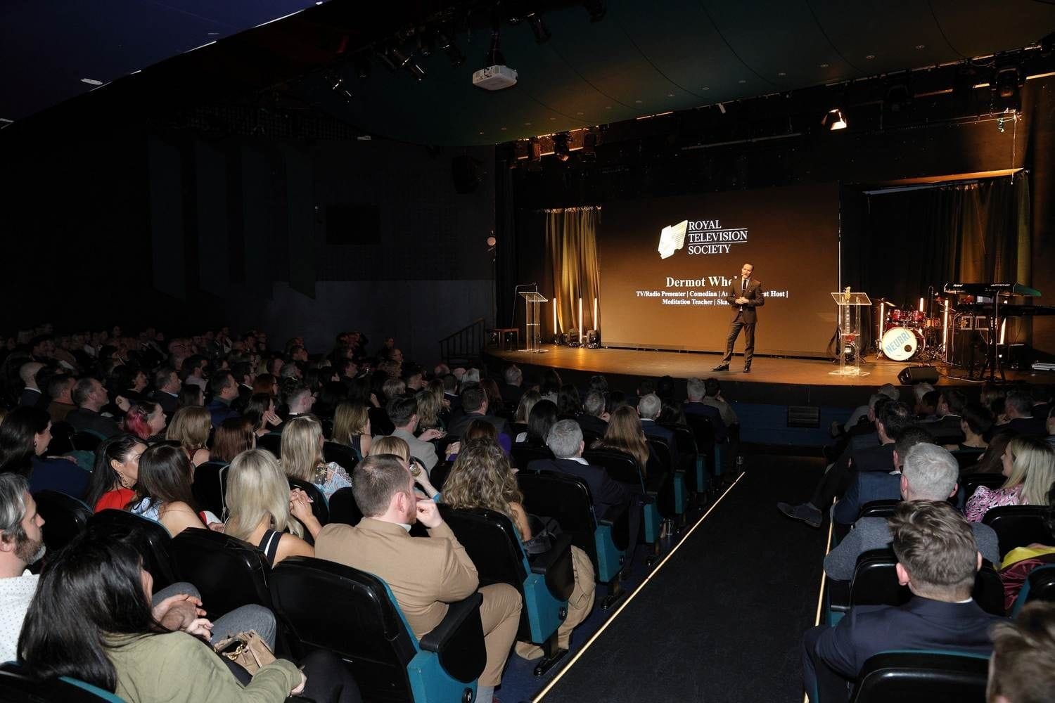 Dermot Whelan is the master of ceremonies at the 2024 Royal Television Awards held pictured here addressing the audience at the Liberty Hall Theatre, Dublin.