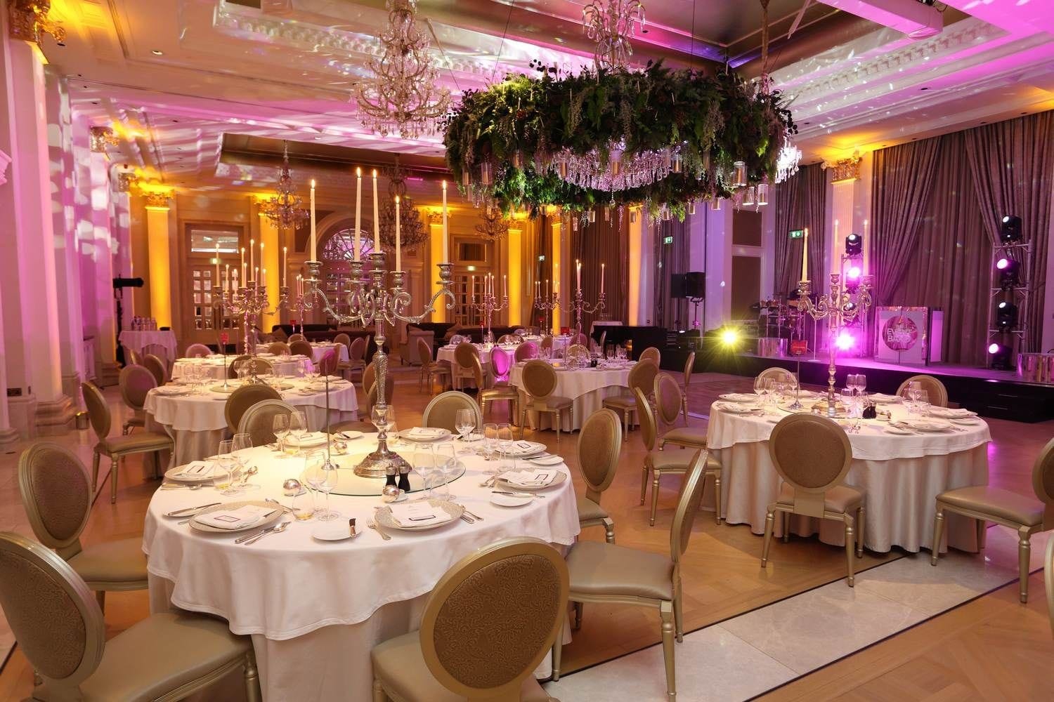 A photograph to show how effective lighting can be to decorate the Ballroom of Dromoland Castle Hotel in County Clare