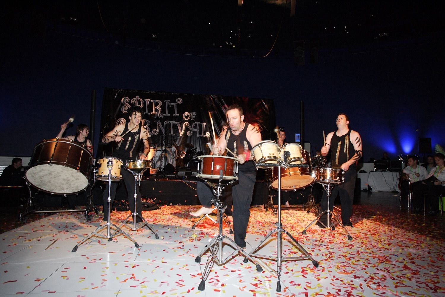 Drummers play for guests at a corporate party in the Round Room of the Mansion House, Dublin