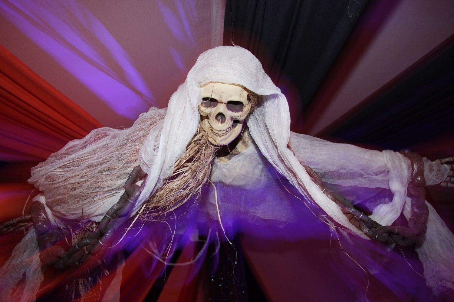 A plastic skeleton, wrapped in light material with plastic chains suspended from the ceiling of a marquee for a private party