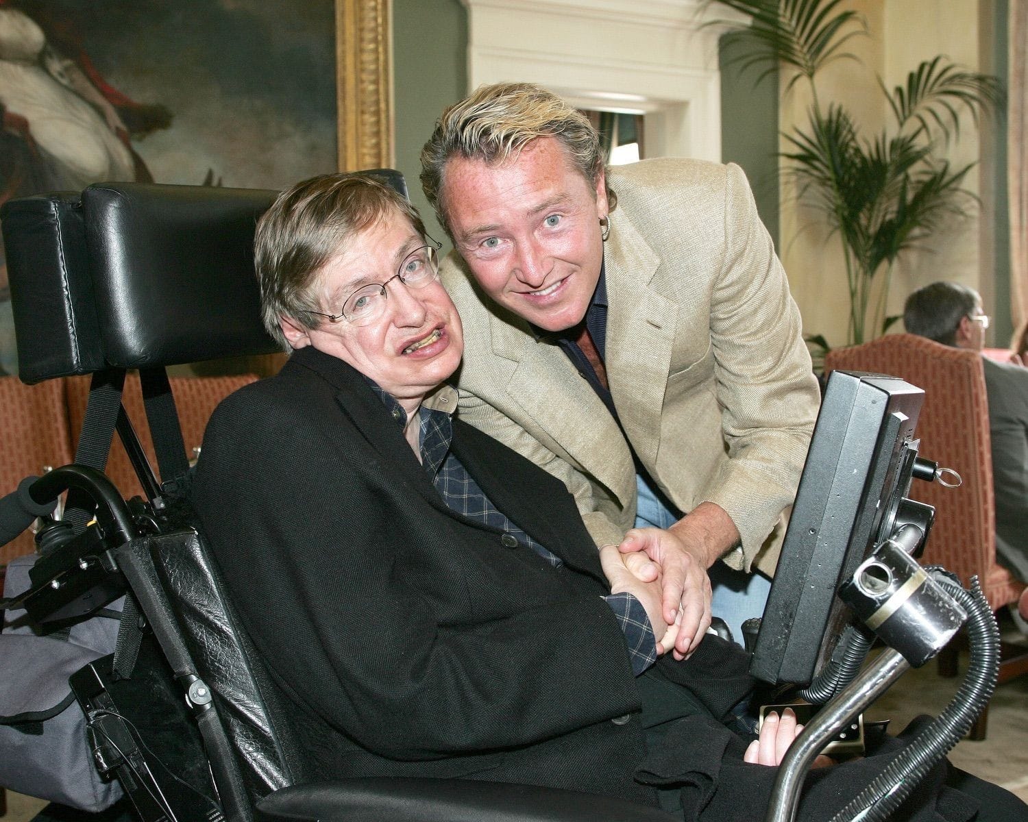 Michael Flatley a big fan, gets to meet Dr Stephen Hawking at a relativity conference in the Royal Dublin Society, Ballsbridge, Dublin