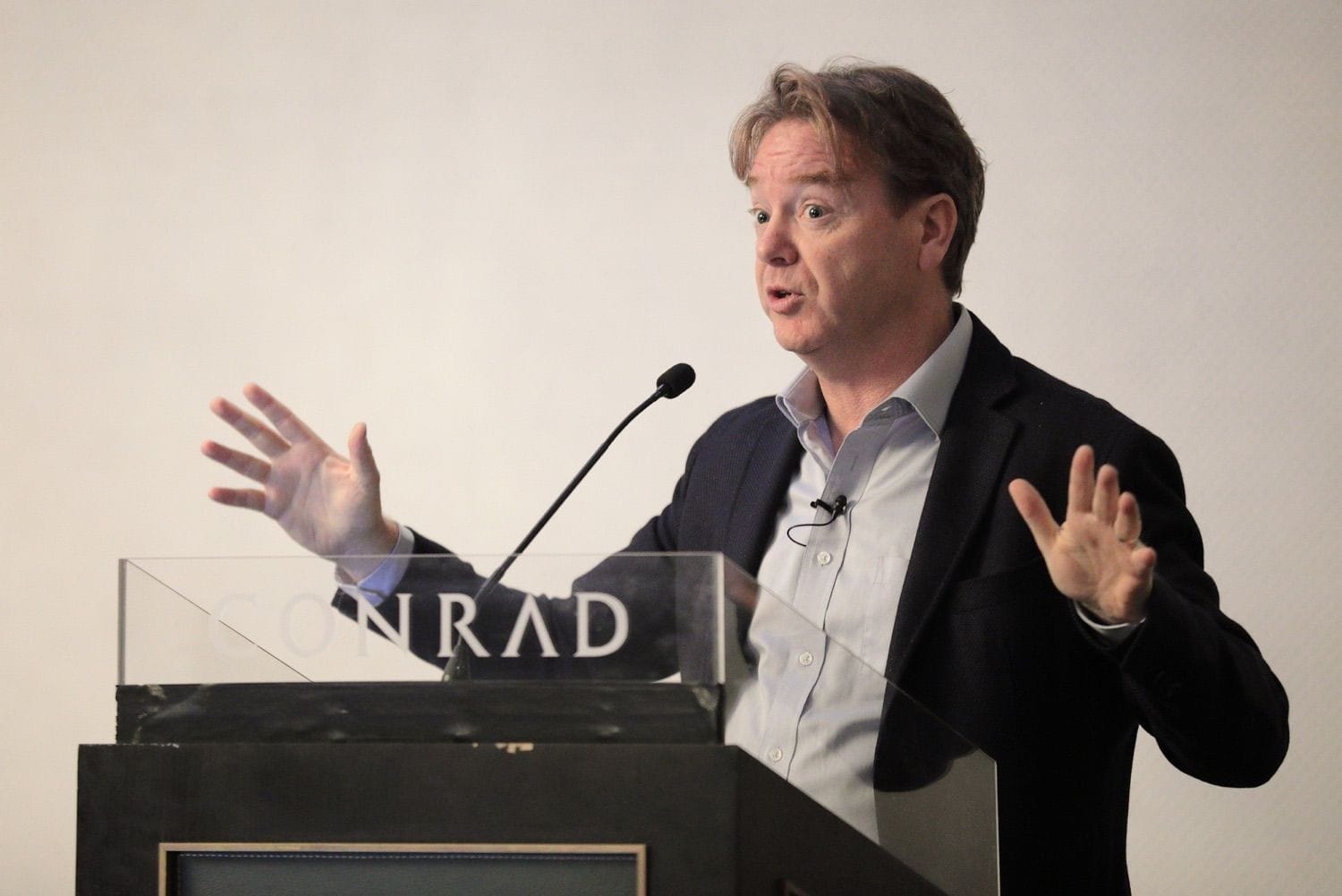 David McWilliams addresses a conference in teh Conrad Hotel, Dublin