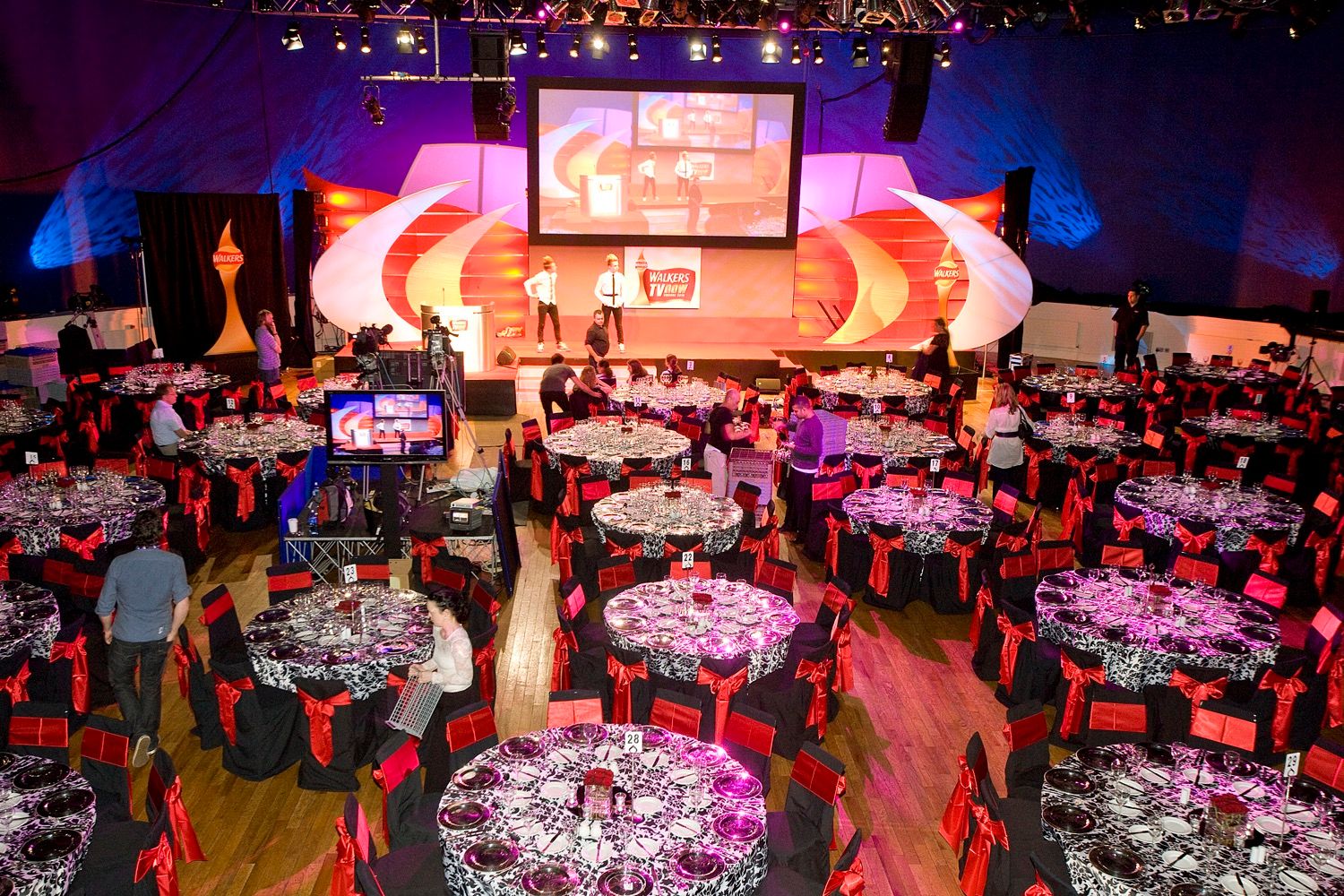 A wide room shot from the balcony of Jedward running a sound check for a charity event held in The Mansion House, Dublin