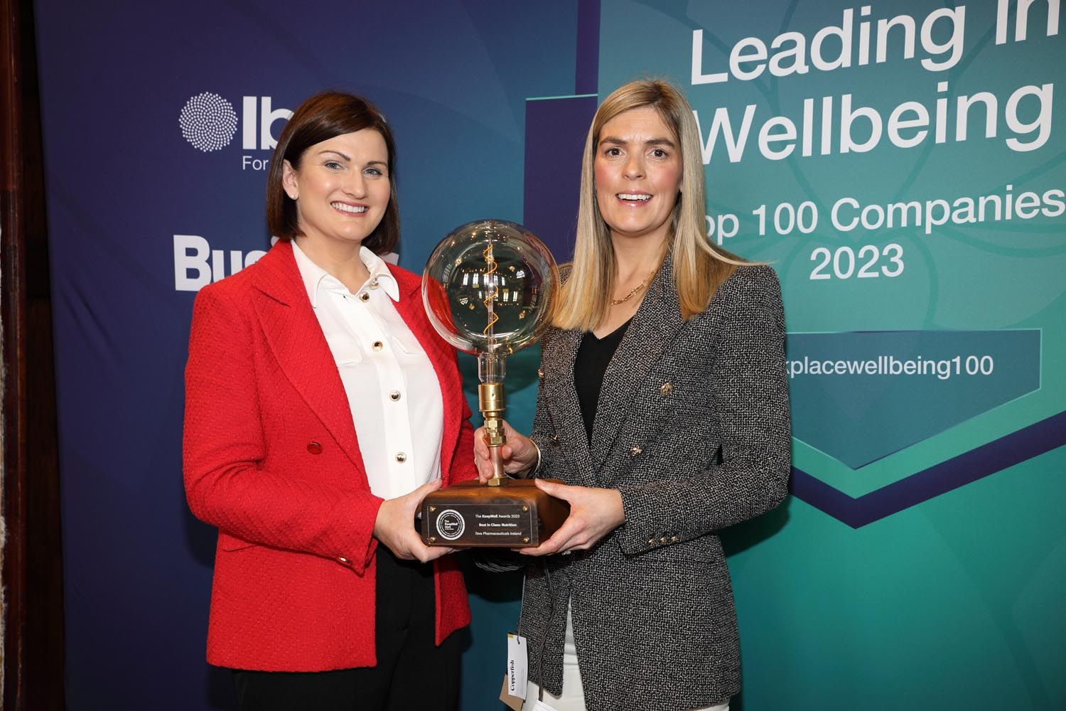 A winner of an IBEC Well Being award receives their trophy at the Clayton Hotel, Ballsbridge, Dublin