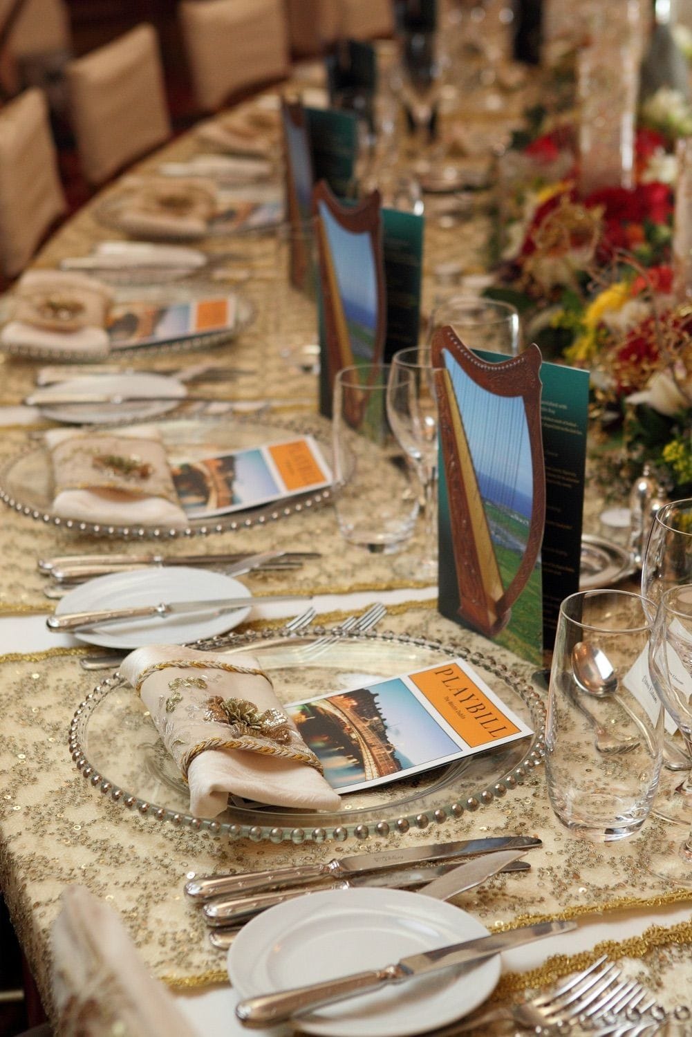 Table setting and decor for an exclusive party in front of the portrait in the banking hall of the College Green Hotel, Dublin