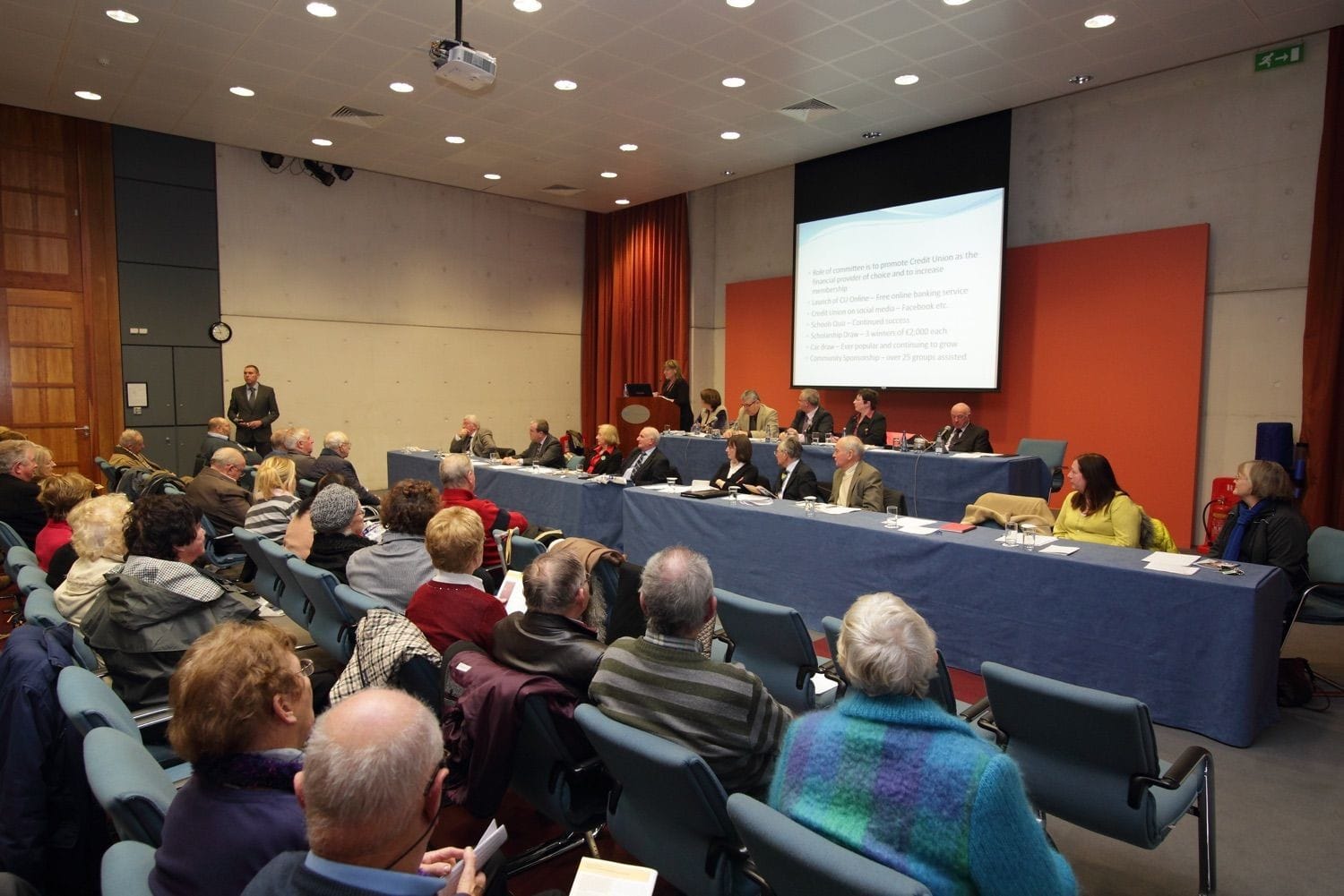 The view o the board from the audience perspective at a credit union AGM in the Irish Marketing Institute in Sandyford