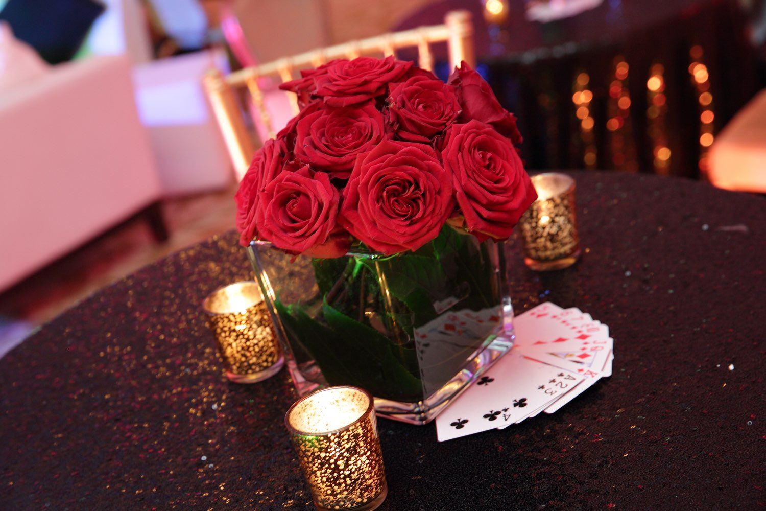 Flowers and playing cards are used as decoration for a 007 James Bond themed 21st birthday party in the Intercontinnental Hotel, Dublin