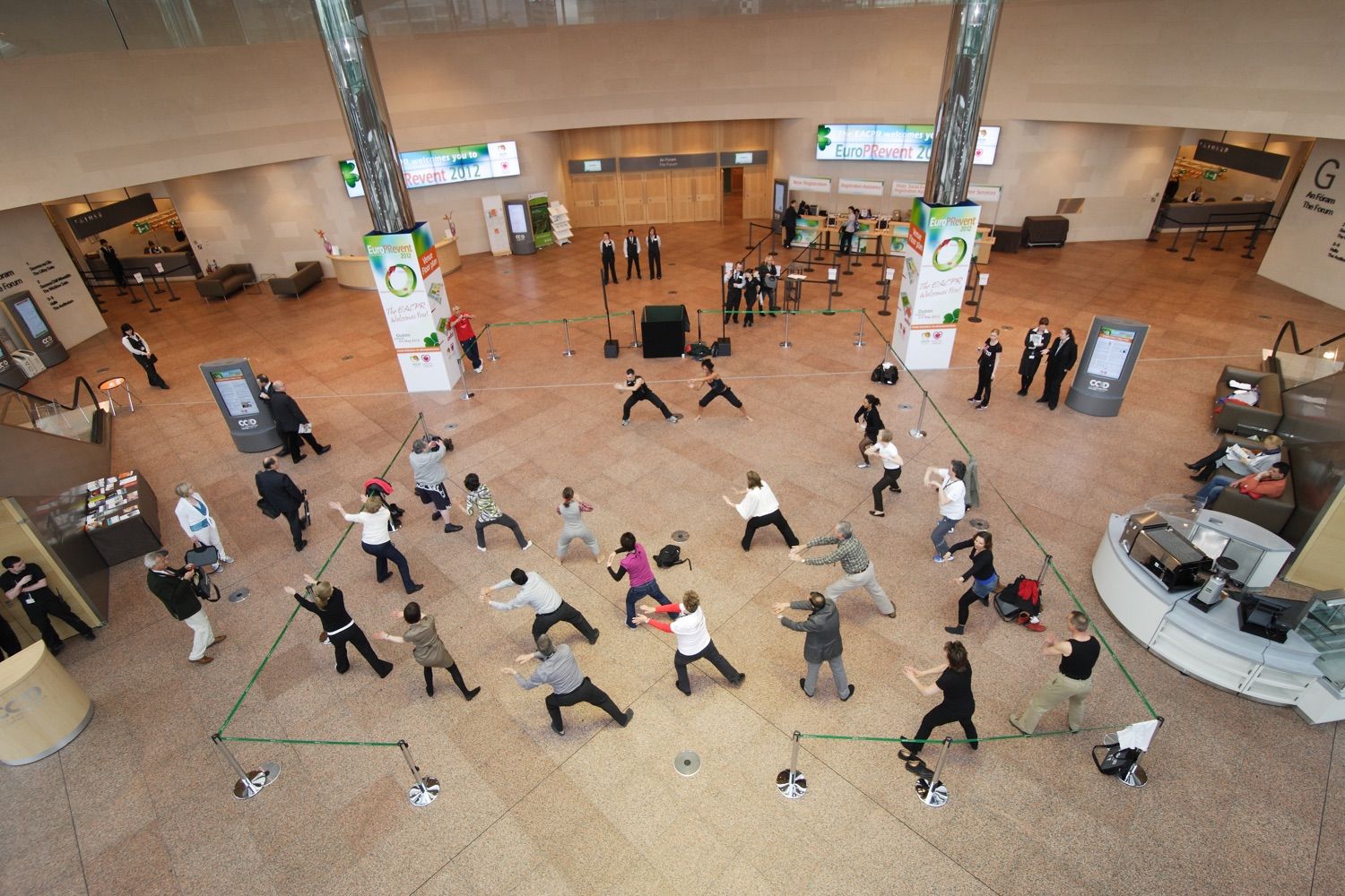 A great idea at a conference, was to have a yoga class beforehand. This shot is taken down from an upper level in the Convention Centre Dublin