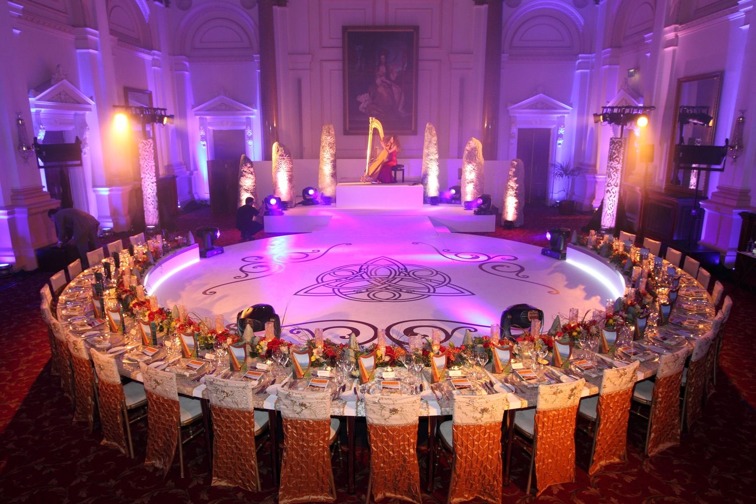 Lighting and decor at an exclusive party in front of the portrait in the banking hall of the College Green Hotel, Dublin