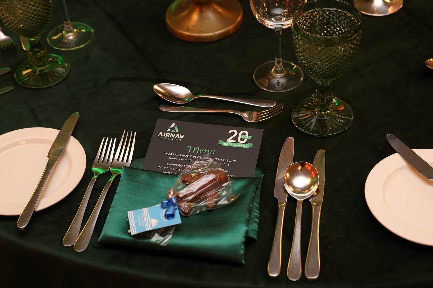 A table setting and menu at the Airnav 20 Year Anniversary event in the Limerick Strand Hotel, Limerick