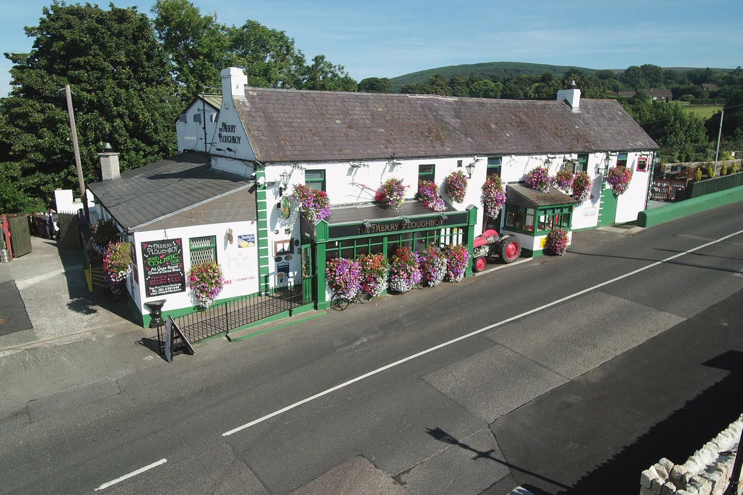 An aerial photograph of the Merry Ploughboy Pub from the car park.