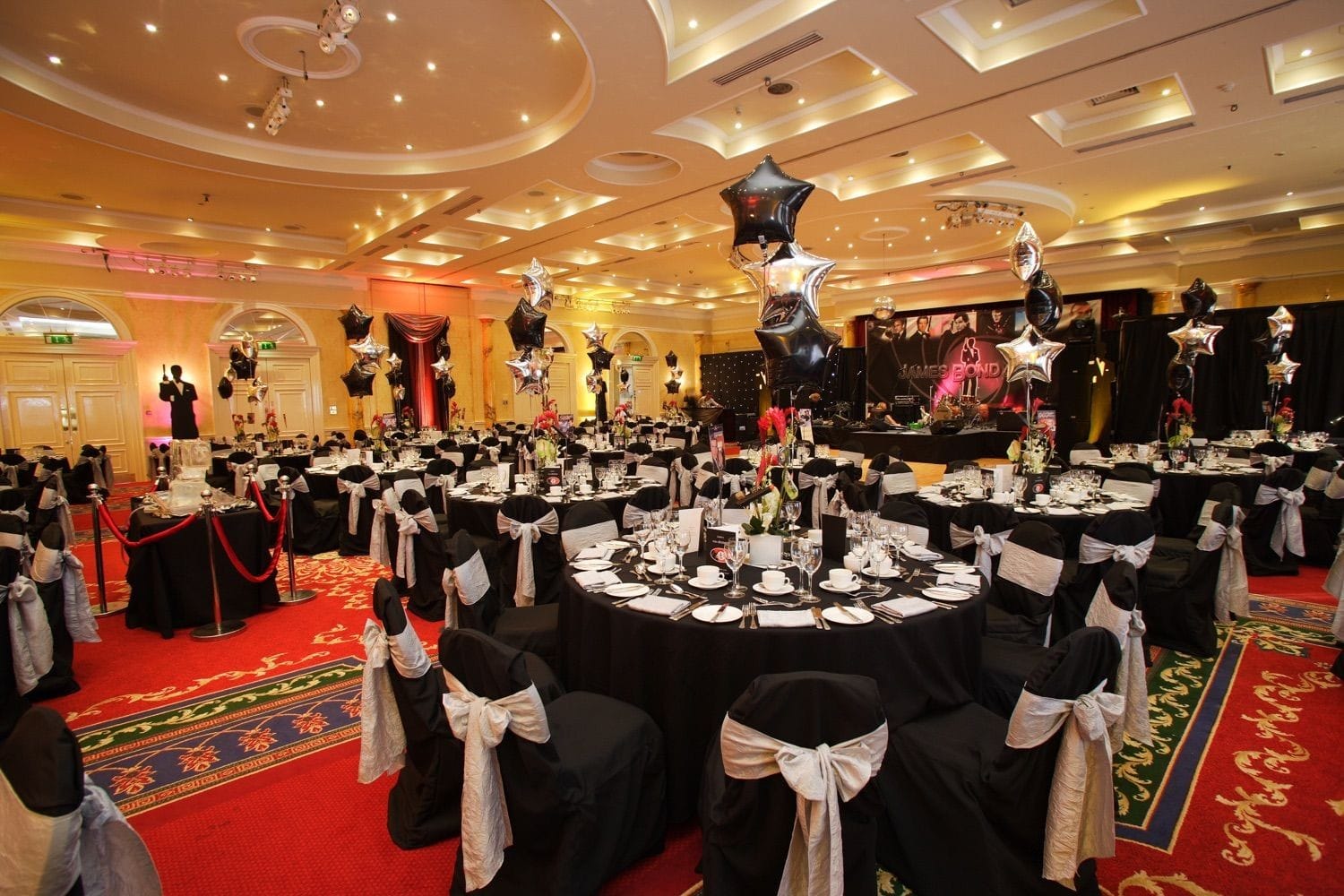 Wide shot of the decor for a James Bond themed 50th birthday, held in the Intercontinental Hotel, Ballsbridge, Dublin