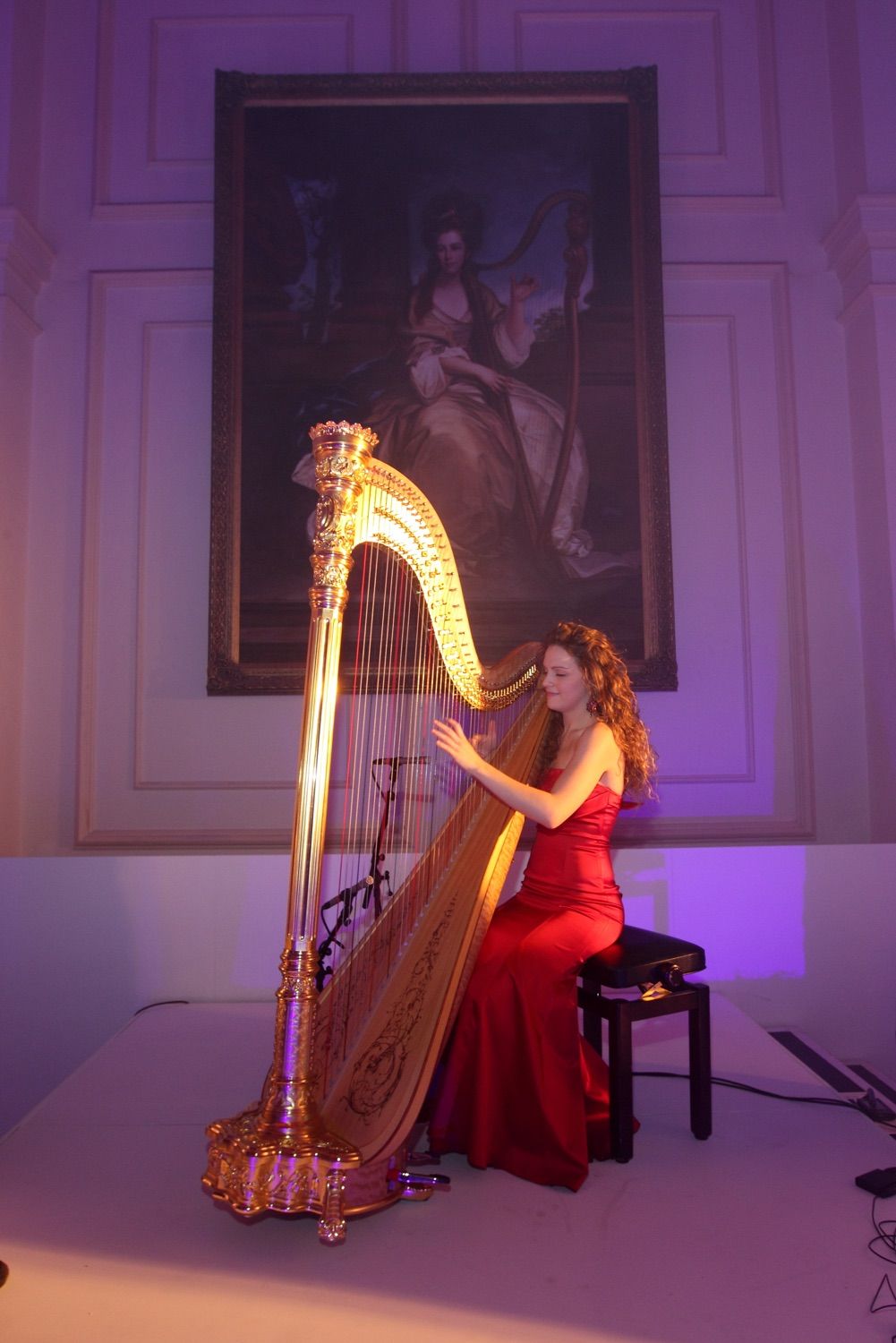 A harpist plays for guests at an exclusive party in front of the portrait in the banking hall of the College Green Hotel, Dublin