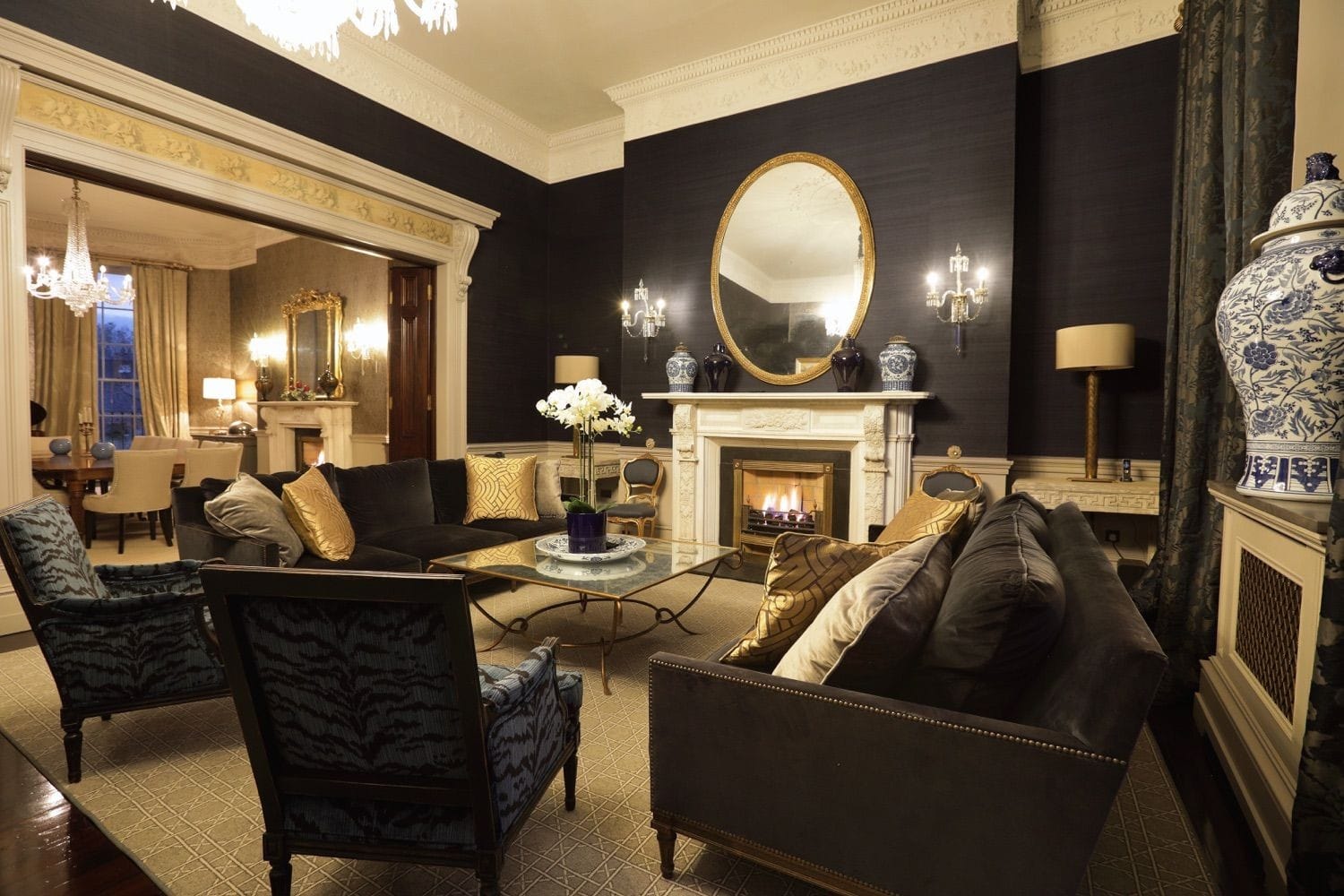 Just off the dining room is the beautifully appointed living room