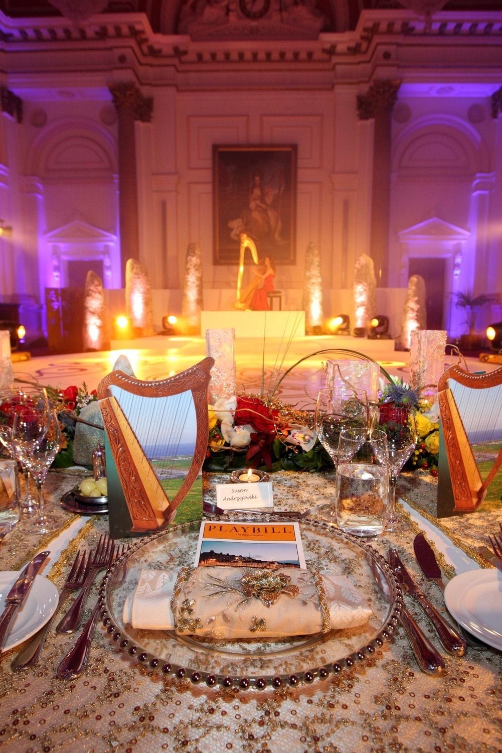 Table setting and decor for an exclusive party in front of the portrait in the banking hall of the College Green Hotel, Dublin