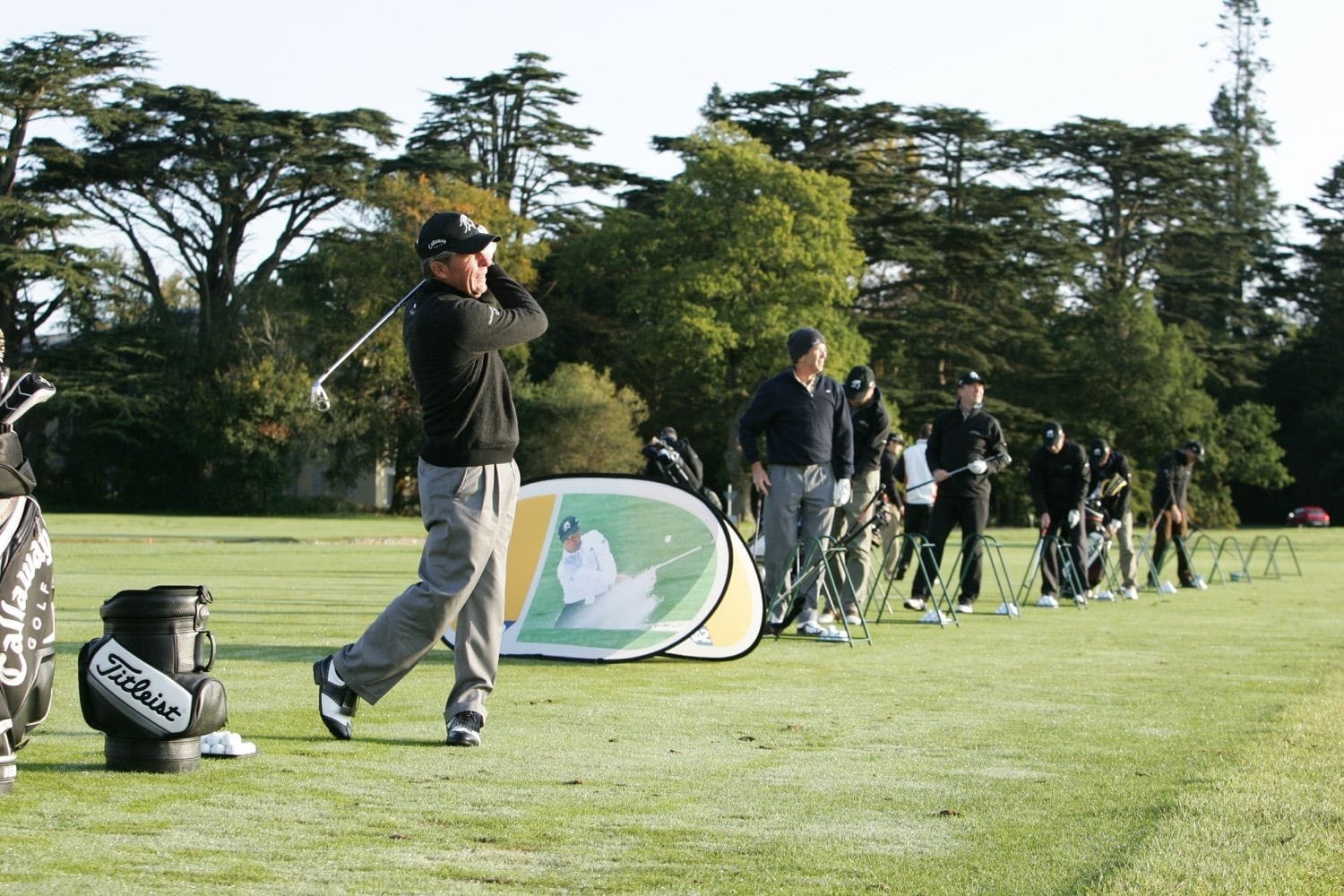 Gary Player warms up on the practice range of Carton House, before giving a golf masterclass to staff and management of SAP Software Solutions