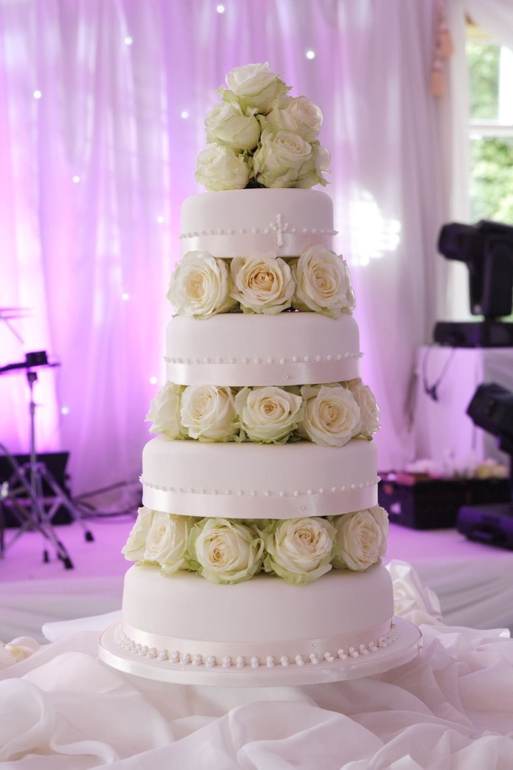 A full height shot of the cake at a wedding in the K Club, Straffan, Co Kildare