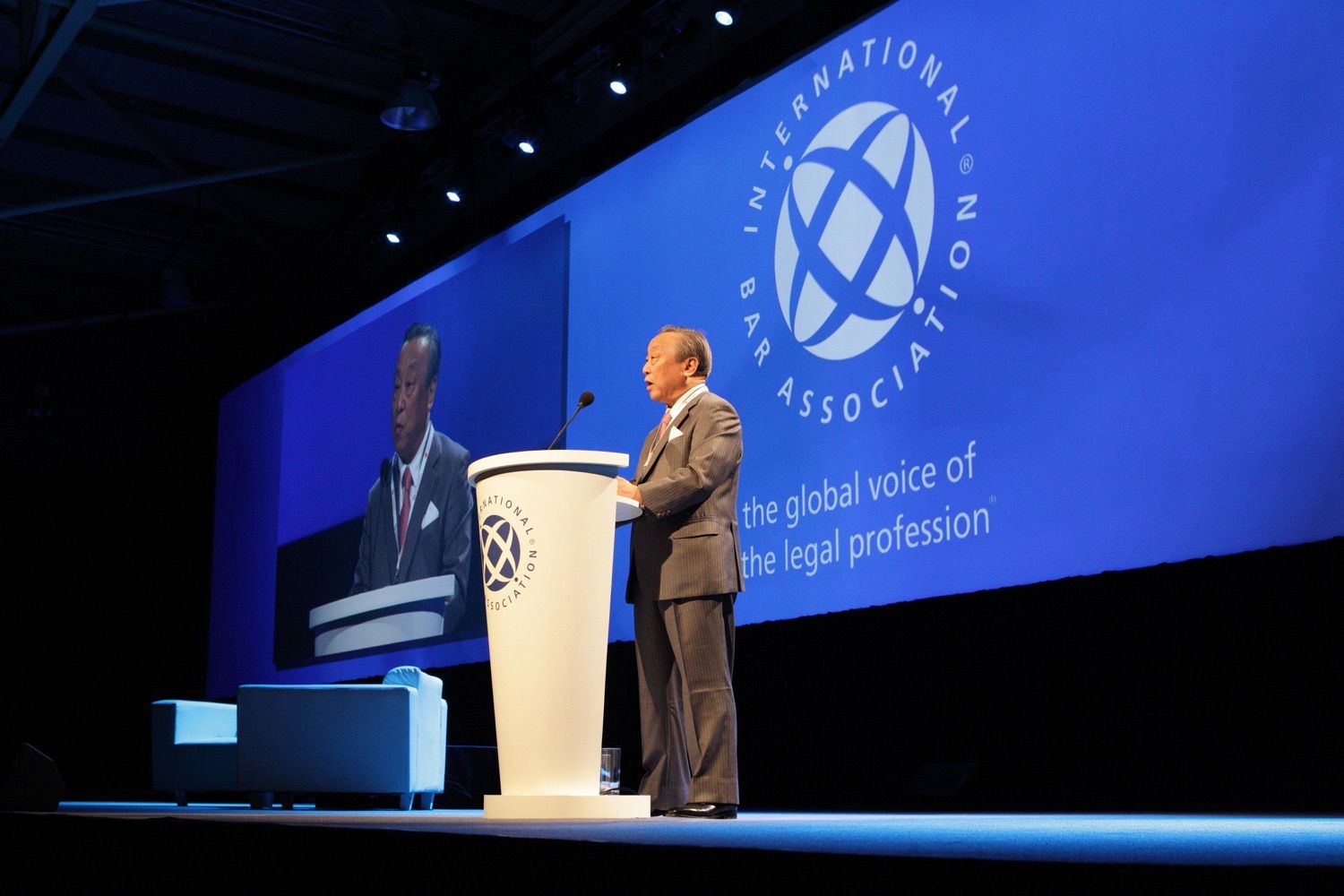 A speaker at a meeting o The International Bar Association in the Convention Centre Dublin